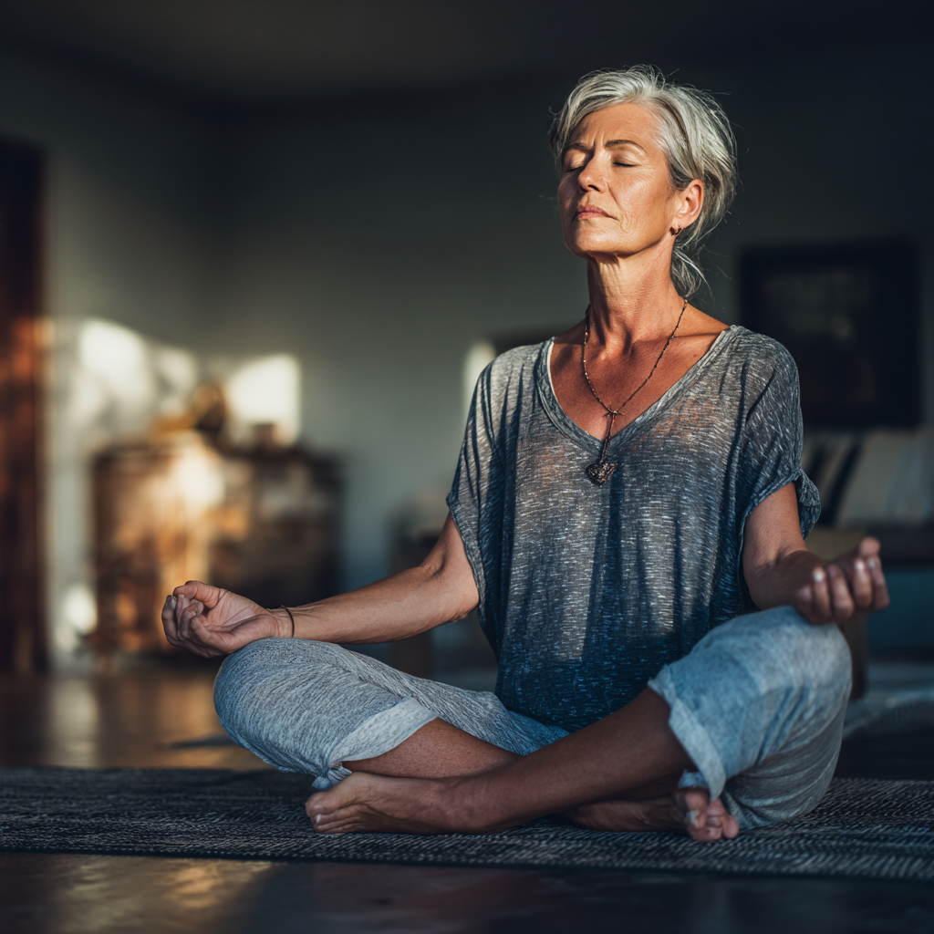 Mature woman practicing mindful yoga meditation in peaceful studio environment
